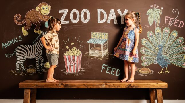 Two girls standing on a wooden bench in front of a zoo-themed chalkboard. Children interacting playfully by colorful animal drawings. Childhood education concept, ideal for school advertisements.