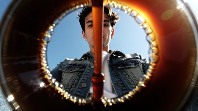 Young man looking into a glass from a bottom-up perspective. Creative POV shot showing a person through a refreshing beverage with bubbles. Artistic perspective concept for lifestyle advertising.