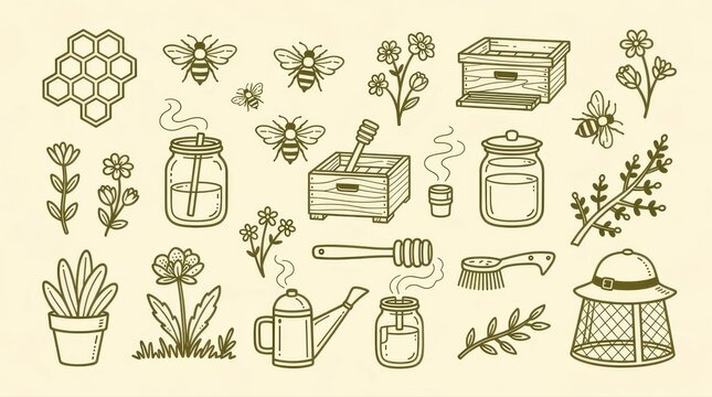 Hand-drawn beekeeping icons set featuring bees, hives, and honey jars. Rustic line art illustrations include flowers, honeycombs, and apiculture tools. Organic farm concept ideal for branding.