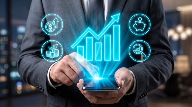 Business executive interacting with glowing neon financial growth charts using a modern smartphone for professional digital data analysis tasks daily