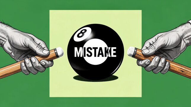Two hands holding pool cues aiming at an 8-ball labeled mistake. Vintage illustration depicting a high-stakes game. Business risk and failure concept, ideal for strategic error marketing.
