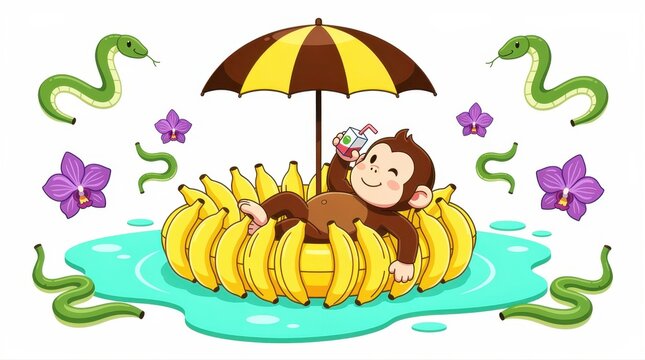 Cute monkey relaxing on a banana boat with a juice box. Tropical illustration includes snakes, orchids, and a beach umbrella on white. Playful summer vacation concept for kids decor or branding.