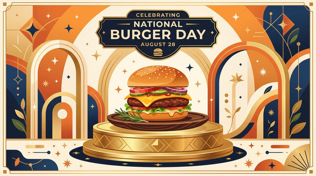 National Burger Day Celebration Retro Poster, Art Deco Illustration of Cheese Burger on Golden Pedestal, Vintage Advertising Design