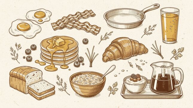 Vintage hand-drawn breakfast food items collection. Includes pancakes, eggs, bacon, coffee, bread, and oatmeal. Morning meal illustration ideal for cafe menus and culinary branding.