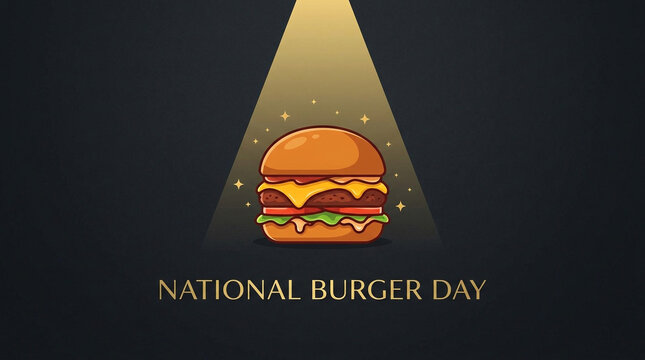 National Burger Day celebration poster, spotlight on cheeseburger with golden text and stars, fast food holiday design for promotions, event and social media marketing backgrounds