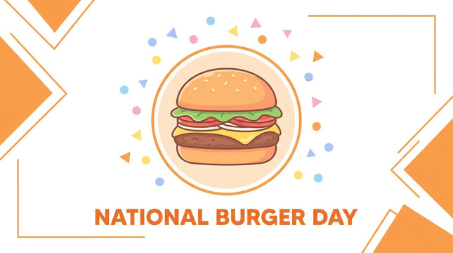 National Burger Day celebration banner design. Cheerful cheeseburger illustration with text. Happy occasion social media post. Colorful confetti graphic template.