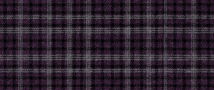 Purple and black plaid wool fabric texture background. Close-up of checkered pattern with fuzzy yarn detail. Elegant textile backdrop for fashion design and apparel themes.