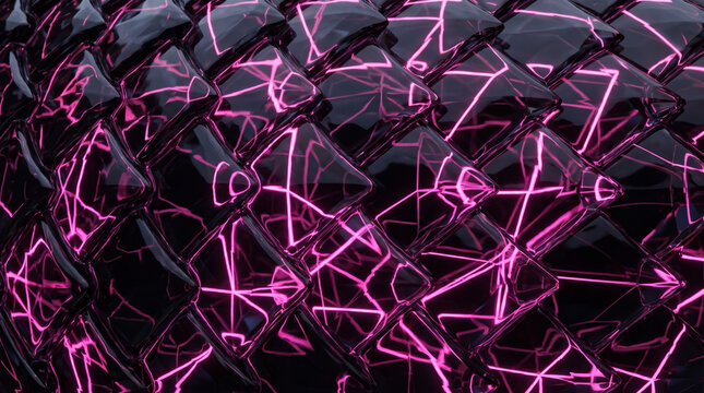 Abstract Obsidian Glass Shark Skin Texture with Glowing Neon Pink Circuit Pathways Running Beneath Translucent Scales with Angular Reflections Asset
