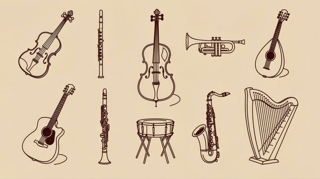 Collection of musical instrument line art icons. Features violin, guitar, saxophone, and trumpet on vintage background. Ideal for music education and cultural events.