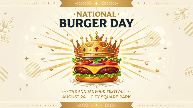 National Burger Day celebration poster template, royal hamburger design, golden crown fast food illustration, beige background layout