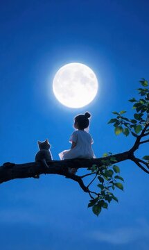 Full moon hanging in night sky, tree branch extending from lower right, girl and little cat back view sitting on branch, quiet warm composition