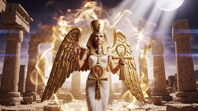 Majestic Egyptian goddess with golden wings holding an ankh symbol