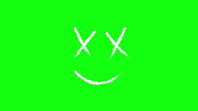 Smiling face animation, simple hand-drawn sketch, cross marks and lip lines, brush-stroke emoji, cartoon style, green background, 4K video.