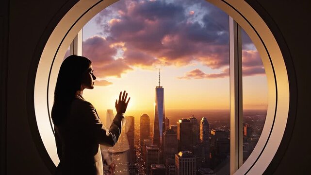 Silhouette of Woman Touching Circular Window Looking Out at Metropolitan Skyline at Sunset
