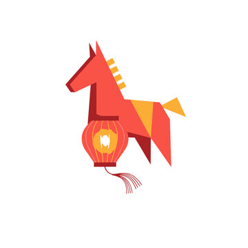 Geometric Red Horse with Chinese Lantern Vector Illustration. Flat Design for Lunar New Year, Zodiac Animal, and Asian Cultural Celebrations.
