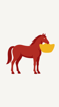 Red horse holding a golden ingot, symbolizing wealth and prosperity. Flat vector illustration for good fortune, Chinese New Year, zodiac, and financial success.