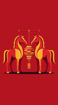 Stylized red and gold horses flank a traditional Chinese lantern, symbolizing good fortune and prosperity for the Lunar New Year celebration.