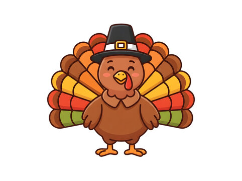 A happy cartoon style cute thanksgiving turkey wearing a pilgrim hat for autumn holiday celebrations and seasonal dinner isolated on transparent background