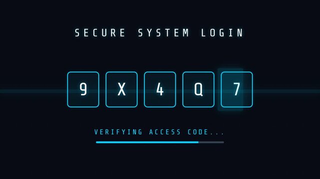 Secure system login, glowing neon numeric keypad with code entry on dark background, futuristic interface with verification process, symbolizing security, technology, and access control