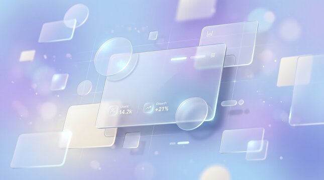 Futuristic glassmorphism interface background, translucent digital screens on purple gradient, high tech abstract data visualization