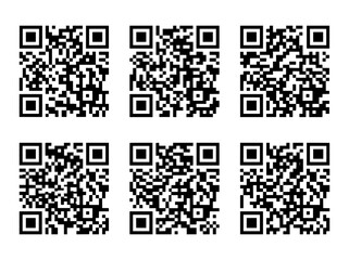 Fototapeta premium QR code set with 6 unique digital matrix barcodes, black and white square scan icons for mobile payment and data tracking