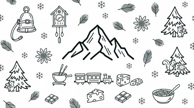 Black line art icons of Swiss alpine elements and cultural symbols. Set features mountains, cheese, and winter nature doodles. Ideal for travel branding and tourism marketing designs.