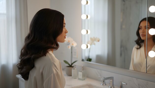 Elegant female client checking hair in vanity mirror inside luxury bathroom during morning wellness routine for beauty and self care concept, soft cinematic lighting