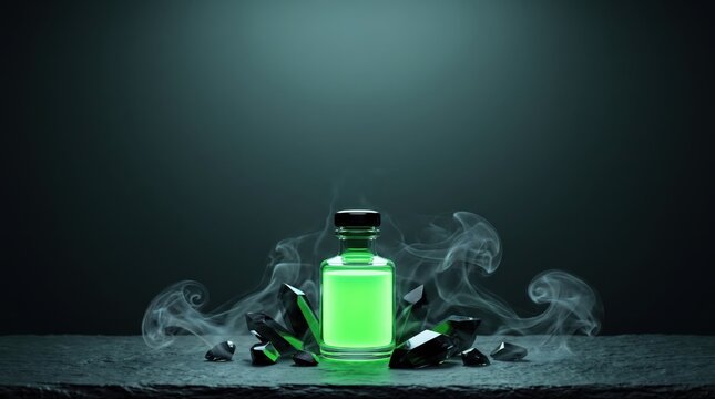 Glowing green potion bottle surrounded by dark crystals and mystical smoke on a stone surface