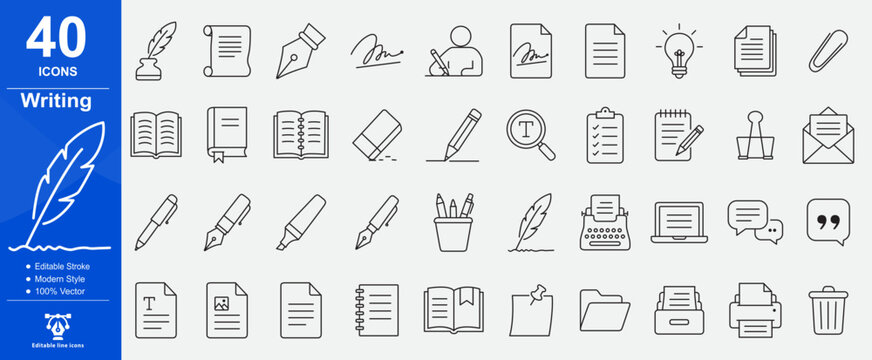 Writing line icon set featuring copywriting, professional editable vector illustration for notes app and UI UX design