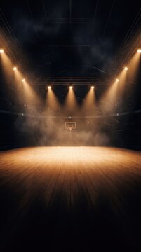 Empty stage with bright spotlights and smoky atmosphere ready for a performance or event.