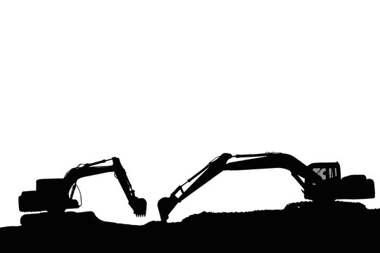 Two Crawler excavators silhouette are digging the soil in the construction site , isolated  on the white background