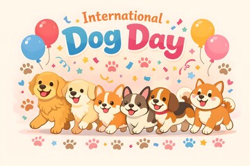 Naklejka premium International Dog Day colorful illustrated poster with a cheerful group of different puppies and festive decorations