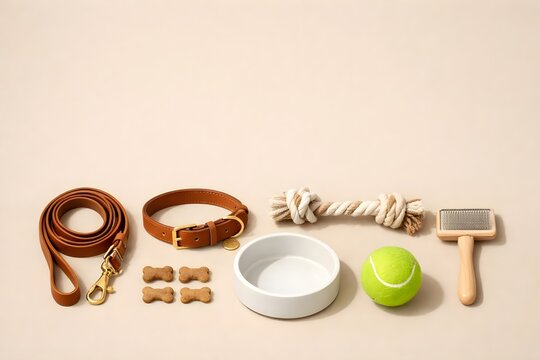 Dog care essentials arranged with collars, leash, bowl and tennis ball for International Dog Day