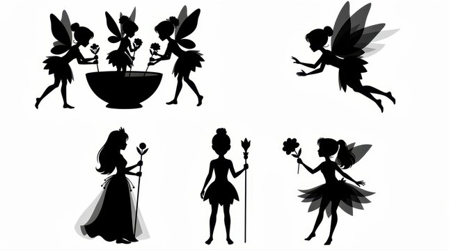 Fairy and princess silhouettes collection featuring magical wings and flowers. Diverse set of mythical characters in graceful poses. Fantasy design elements for children's books and invitations.