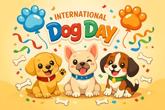 International Dog Day colorful cartoon celebration with playful puppies, paw prints and cheerful typography