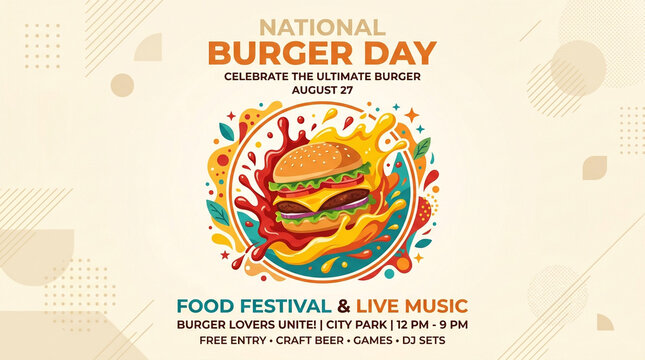National Burger Day event banner template. Fast food festival poster. Culinary celebration invitation with live music details. Vector illustration with juicy burger and retro vintage abstract