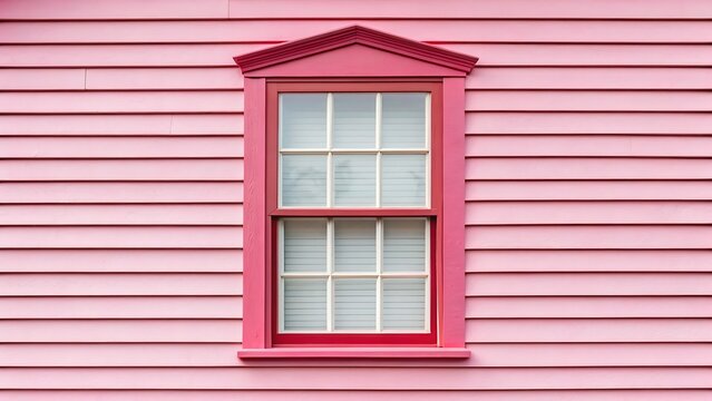 Pink single hung window with red frame in a pink house siding wall exterior architectural view.