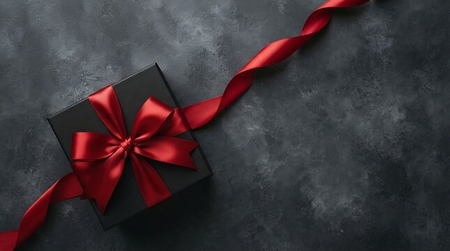 Black gift box with a red satin ribbon bow on dark background