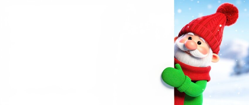 Cute 3D gnome peeking from a blank white board. Animated character in winter gear against snow. Christmas holiday banner with copy space for seasonal marketing and greetings.