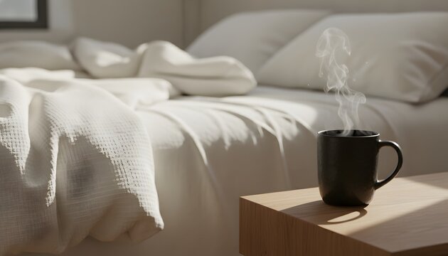 Steaming dark coffee mug placed on a wooden nightstand beside an unmade bed in warm morning sunlight for a cozy morning routine concept