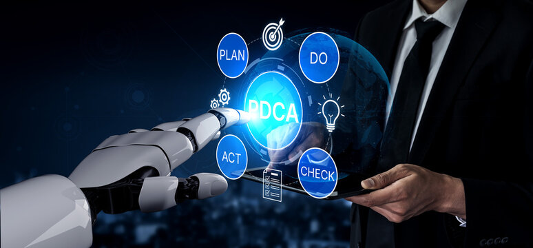 Robotic hand interacting with digital interface showcasing PDCA cycle and business strategy concepts in futuristic corporate setting. Bitwise.