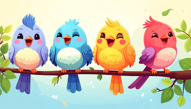  Lovely colorful birds singing among tree branches, cute cartoon characters, cheerful expressions,