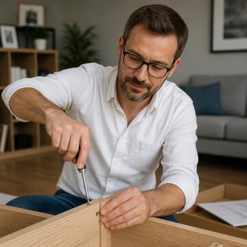 Man assembling flat-pack furniture at home with a screwdriver
