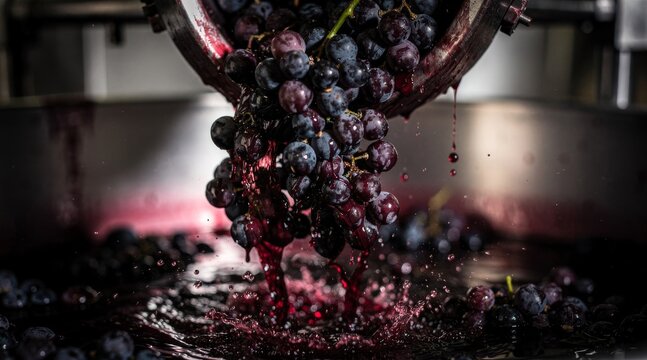 Red Grapes Being Crushed for Wine Production in a Winery