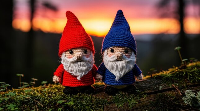 Two crocheted gnomes standing on a mossy log during a forest sunset. Amigurumi figures with red and blue pointed hats and white beards. Ideal for handmade craft marketing and cozy seasonal decor.
