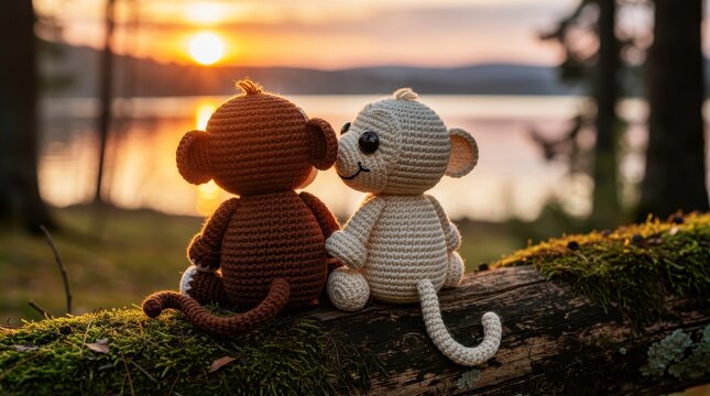 Two crochet monkeys on a mossy log watching a lake sunset. Handmade amigurumi characters in a peaceful forest landscape. Friendship and love concept for greeting cards and nursery decor.