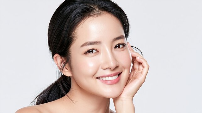 Close-up beauty portrait of a Korean woman in her 30s with a sleek low ponytail, tucking a strand of hair behind her ear with one hand, calm confident expression 