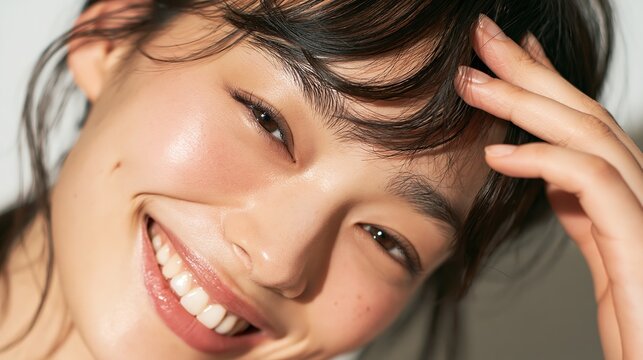 Playful close-up of a smiling young woman with hand in her wet hair, tilted head, joyful expression, natural beauty.