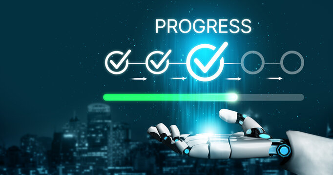 Futuristic Robot Hand with Progress Indicator for Technology and Innovation Concepts in Business and Development Environments. Bitwise.
