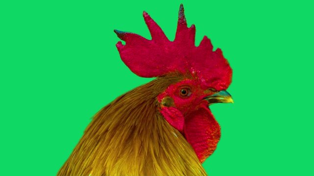 Rooster head close up with vibrant red comb looking around on green screen